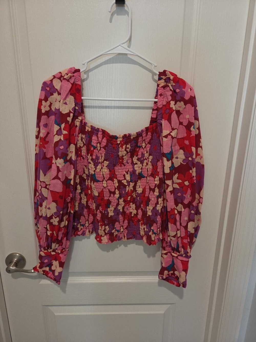 Free People Floral Smocked Puff Sleeve Top Pink Purple Boho Size S